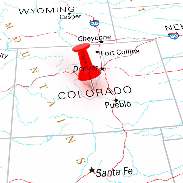 a map of Colorado with a red pin